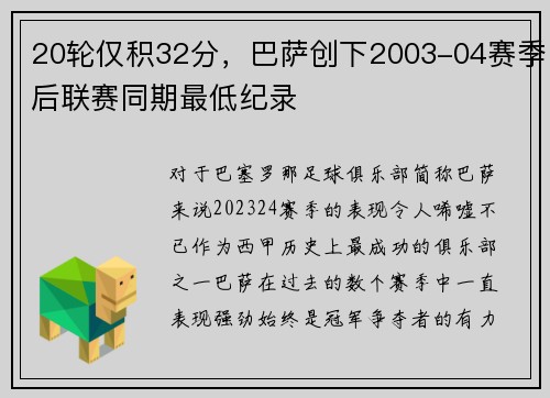 20轮仅积32分，巴萨创下2003-04赛季后联赛同期最低纪录