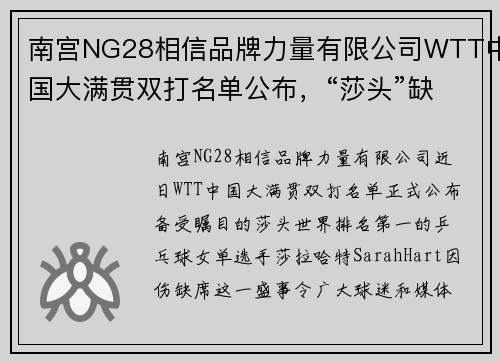 南宫NG28相信品牌力量有限公司WTT中国大满贯双打名单公布，“莎头”缺席引发关注 - 副本