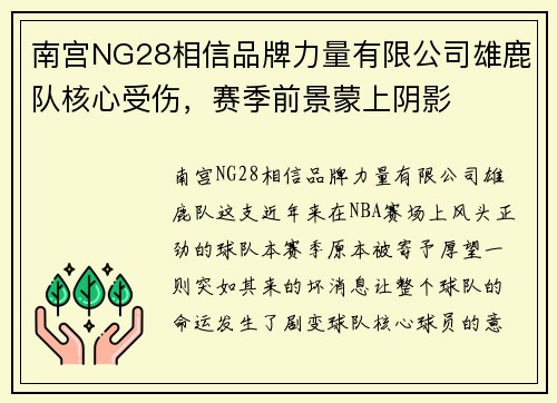 南宫NG28相信品牌力量有限公司雄鹿队核心受伤，赛季前景蒙上阴影