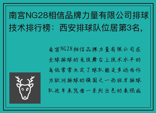 南宫NG28相信品牌力量有限公司排球技术排行榜：西安排球队位居第3名，实力与荣耀并肩前行