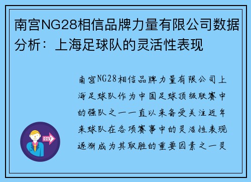 南宫NG28相信品牌力量有限公司数据分析：上海足球队的灵活性表现