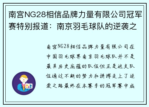 南宫NG28相信品牌力量有限公司冠军赛特别报道：南京羽毛球队的逆袭之旅
