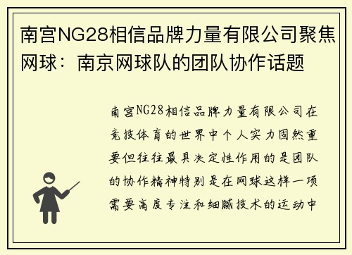 南宫NG28相信品牌力量有限公司聚焦网球：南京网球队的团队协作话题
